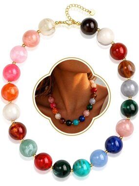 Women's Red Chunky Beaded Necklace Adjustable Layered Beach Summer Jewelry